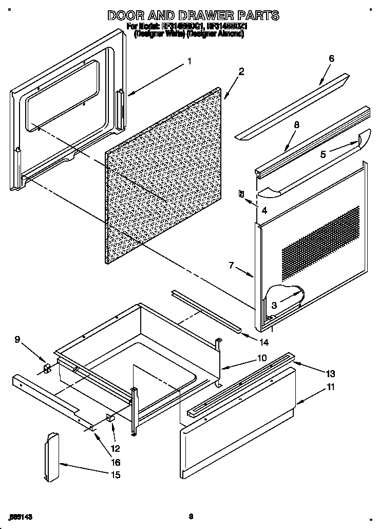 Whirlpool RF314BBDQ1 door and drawer diagram