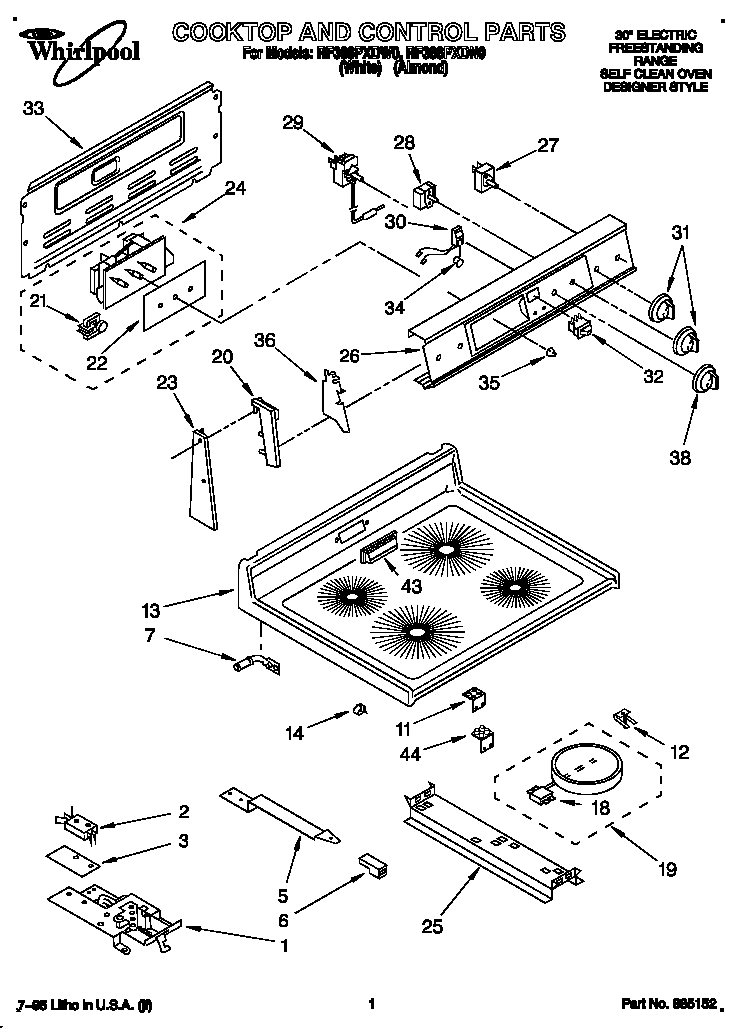 Whirlpool RF366PXDW0 cooktop and control diagram