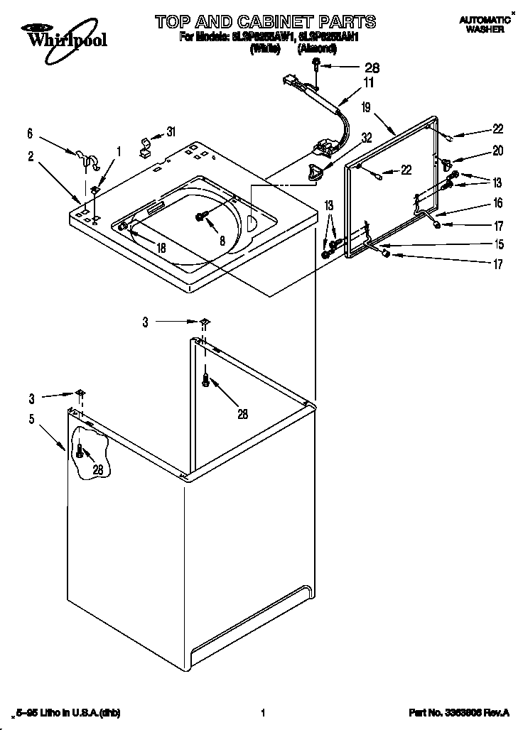 Whirlpool 6LSP8255AN1 top and cabinet diagram