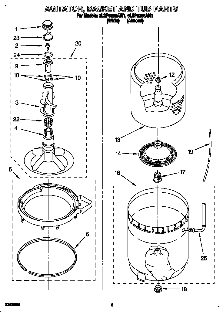 Whirlpool 6LSP8255AN1 agitator, basket and tub diagram