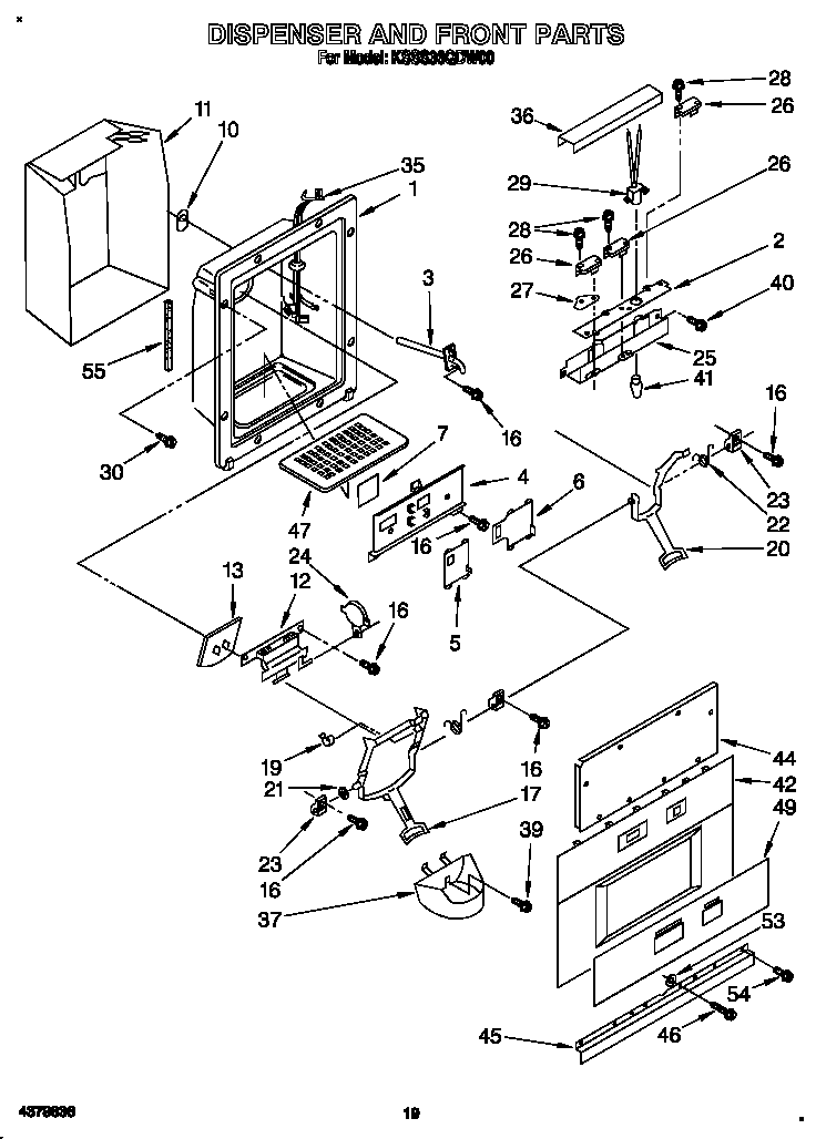 KitchenAid KSSS36QDW00 dispenser and front diagram