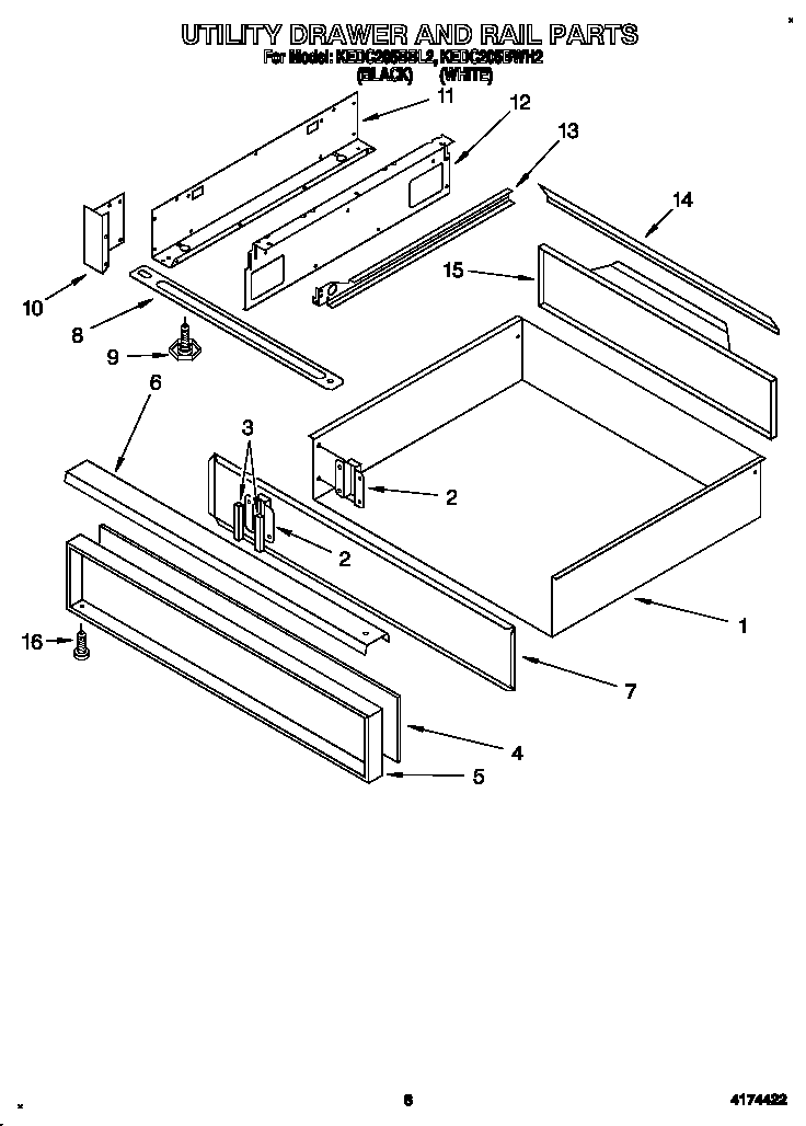 KitchenAid KEDC205BBL2 utility drawer and rail diagram
