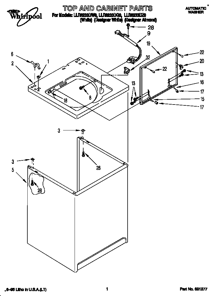 Whirlpool LLR8233DZ0 top and cabinet diagram