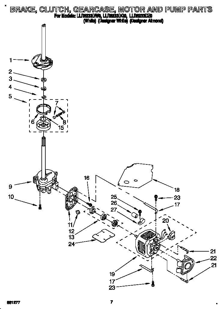 Whirlpool LLR8233DZ0 brake, clutch, gearcase, motor and pump diagram