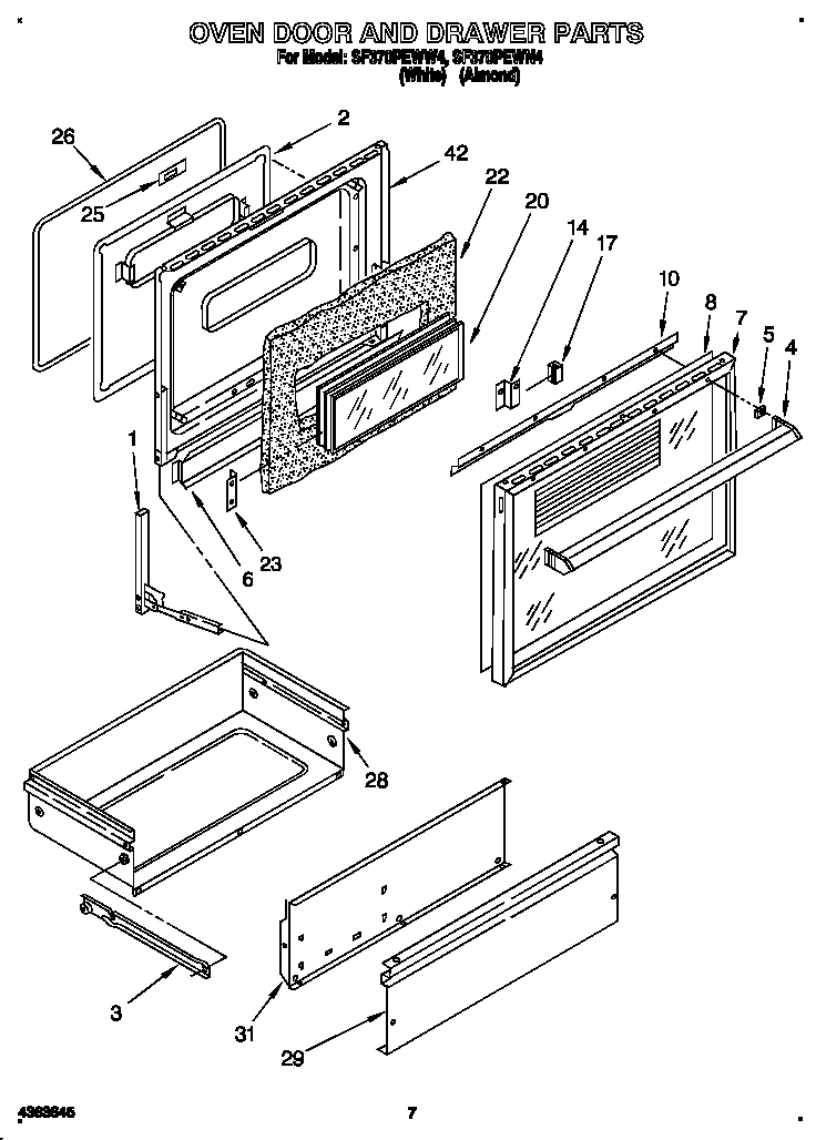 Whirlpool SF370PEWN4 oven door and drawer diagram