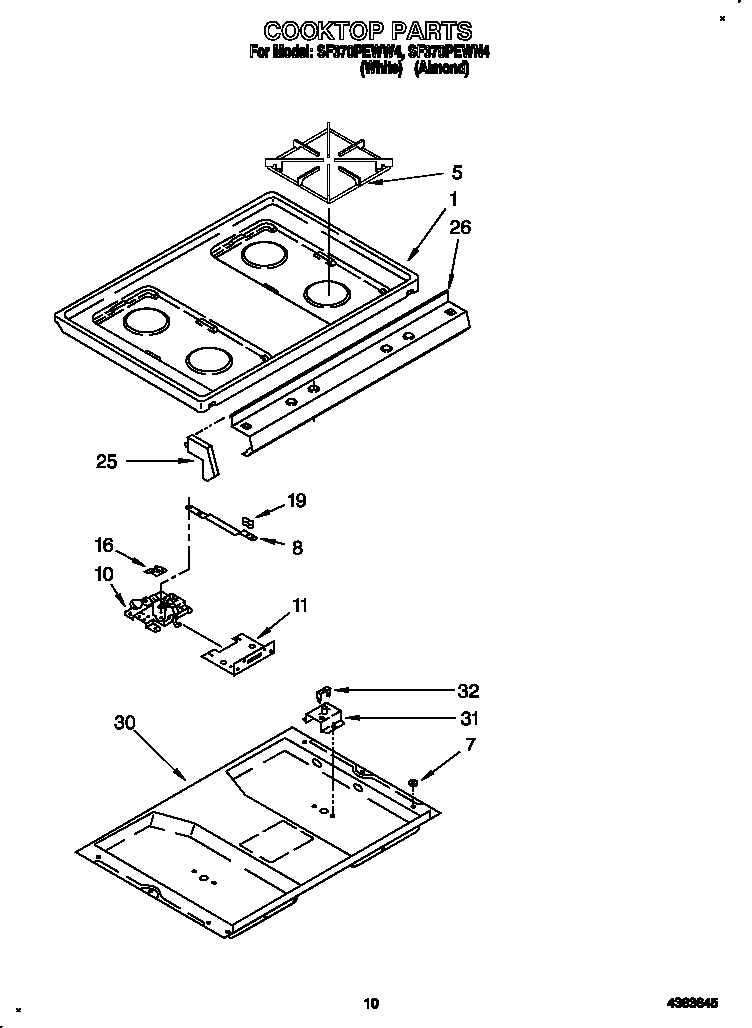 Whirlpool SF370PEWN4 cooktop diagram