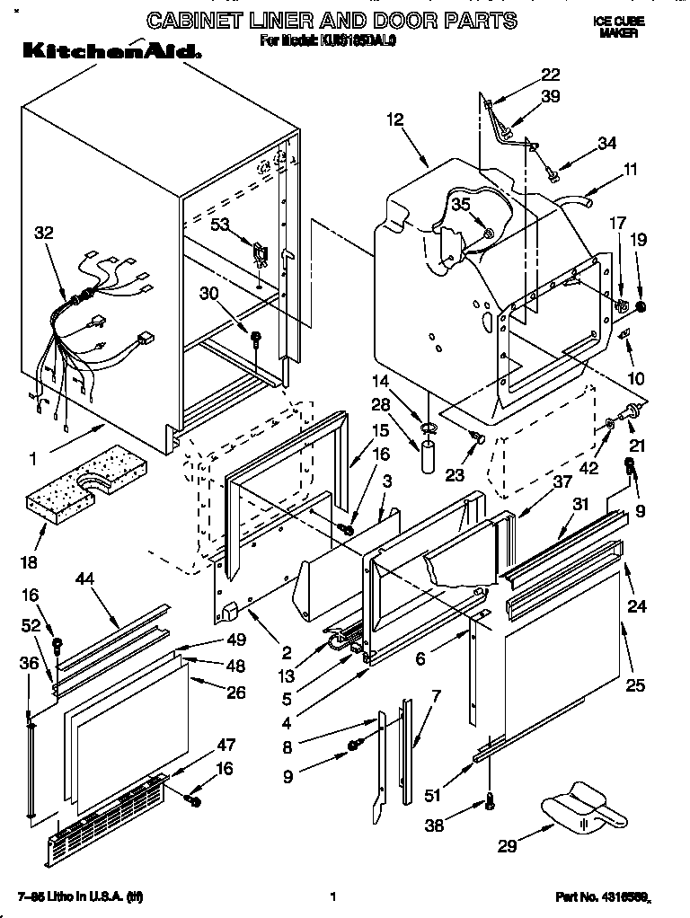 KitchenAid KUIS185DAL0 cabinet liner and door diagram