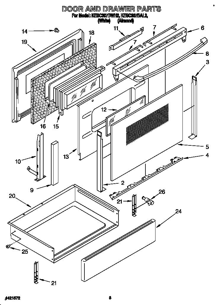 KitchenAid KESC307BAL2 door and drawer diagram