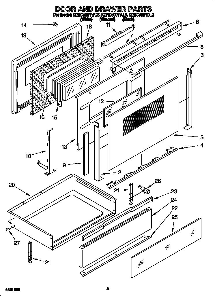 KitchenAid KERC500YBL3 door and drawer diagram