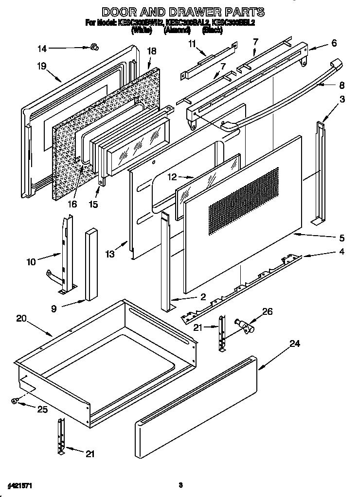 KitchenAid KESC300BBL2 door and drawer diagram
