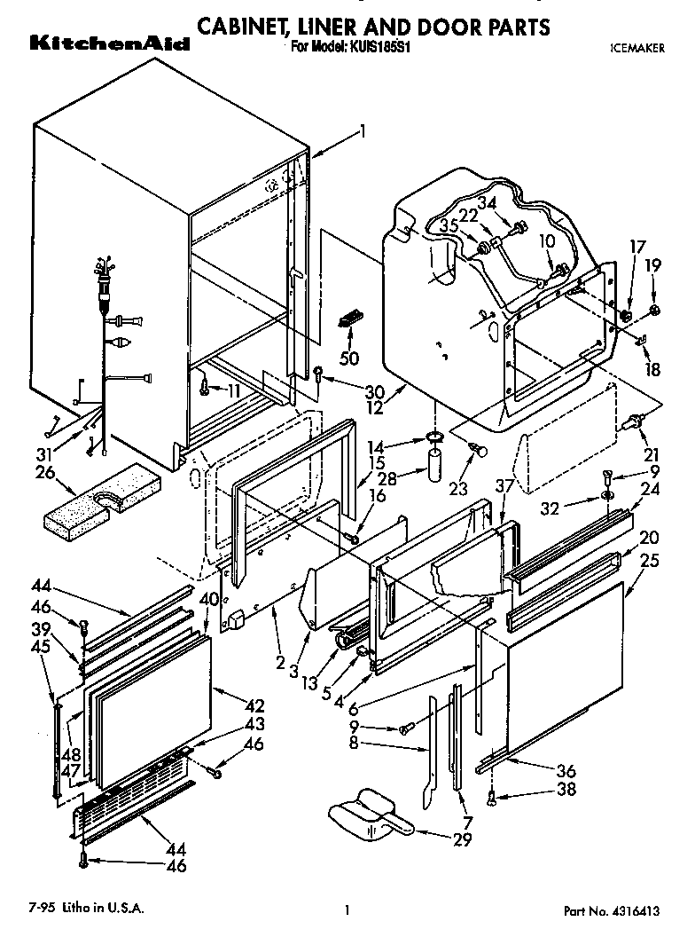KitchenAid KUIS185S1 cabinet, liner and door diagram