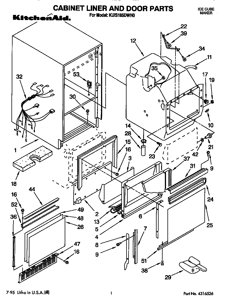 KitchenAid KUIS185DWH0 cabinet liner and door diagram