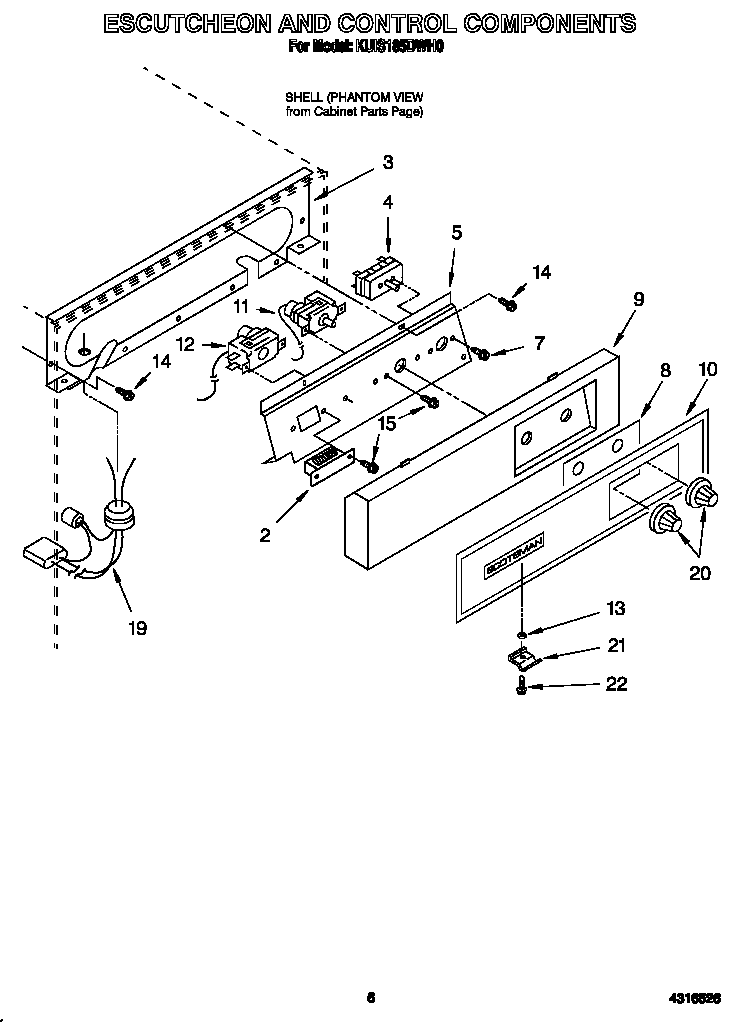 KitchenAid KUIS185DWH0 escutcheon and control components diagram
