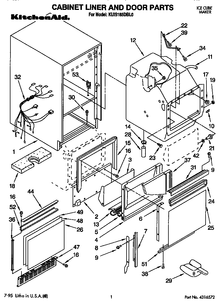 KitchenAid KUIS185DBL0 cabinet liner and door diagram