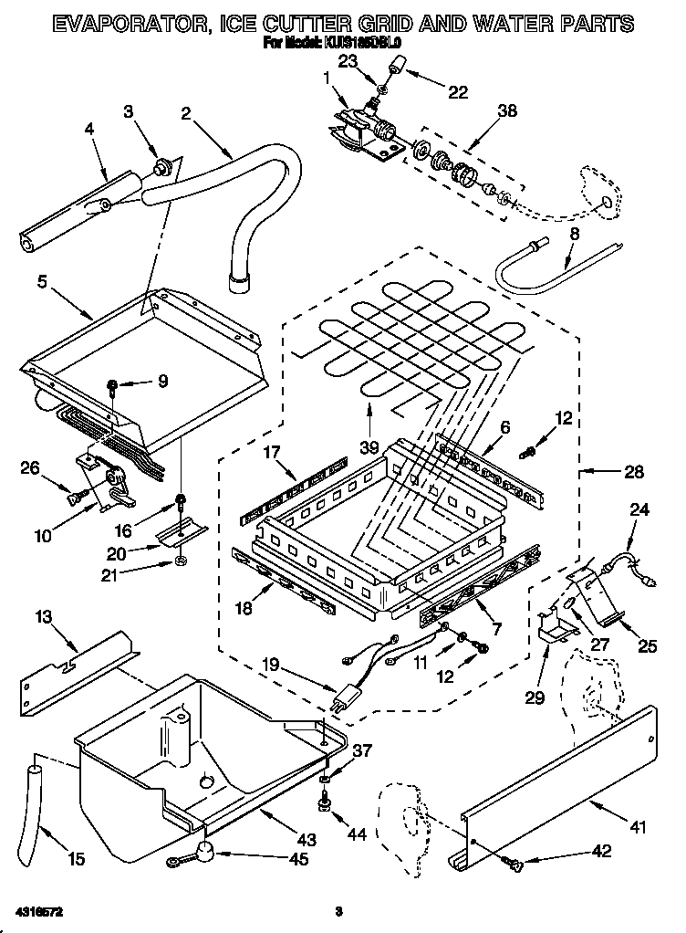 KitchenAid KUIS185DBL0 evaporator, ice cutter grid and water diagram