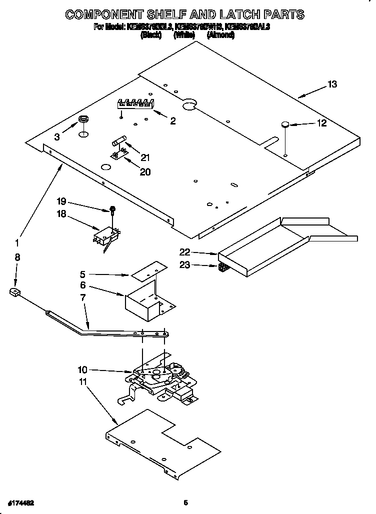 KitchenAid KEMS378BWH3 component shelf and latch diagram