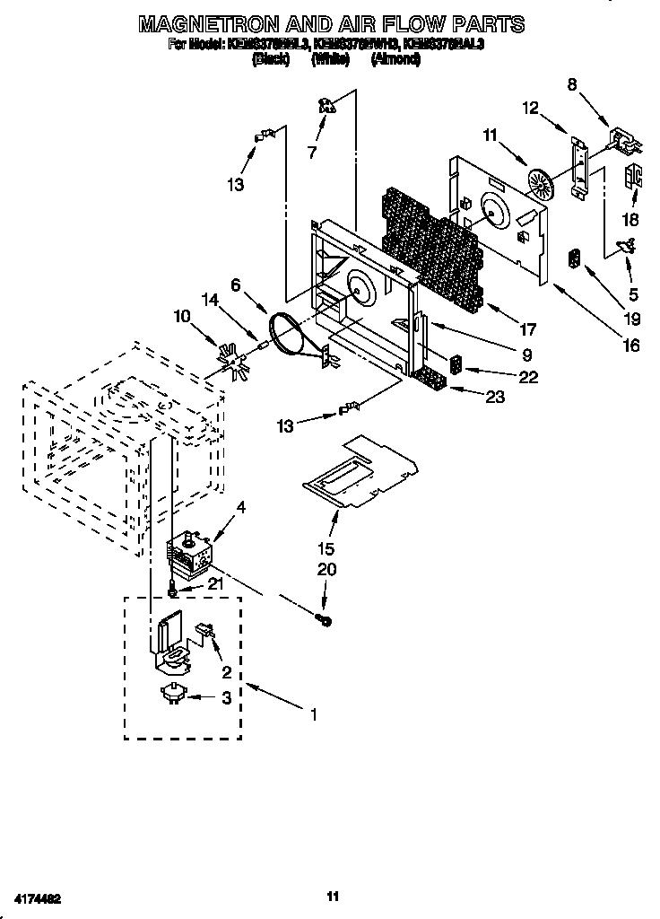 KitchenAid KEMS378BWH3 magnetron and air flow diagram