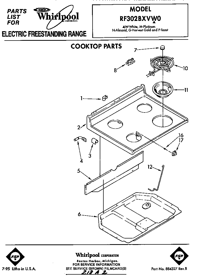 Whirlpool RF302BXVF0 cooktop diagram