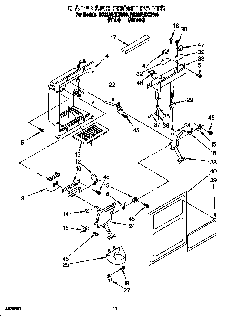 Roper RS22AWXEN00 dispenser front diagram