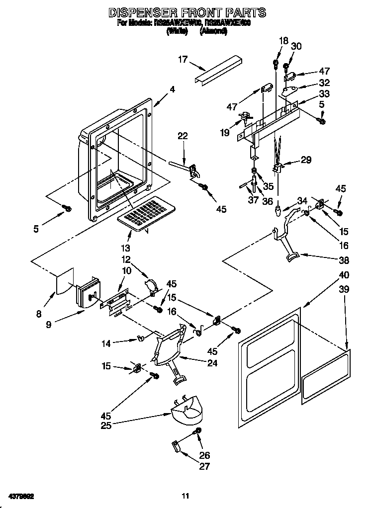 Roper RS25AWXEN00 dispenser front diagram