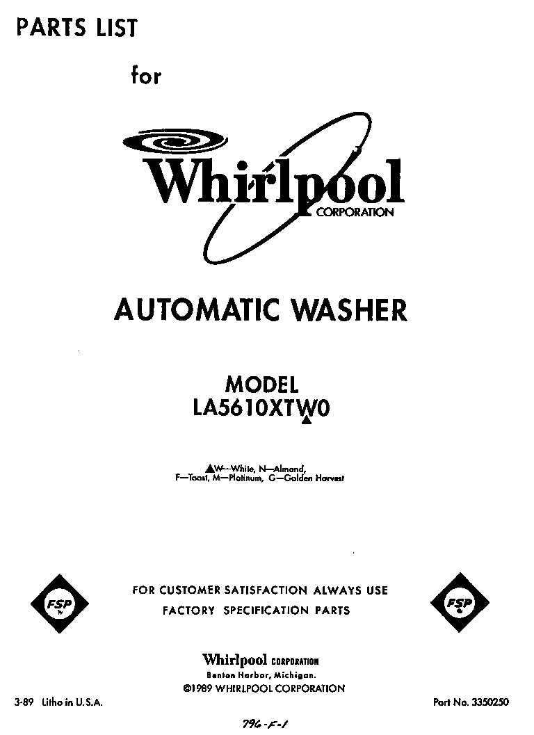 Whirlpool LA5610XTM0 front cover diagram