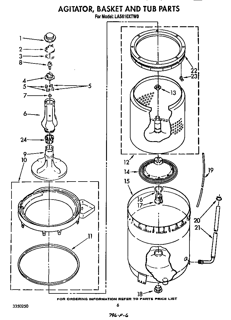Whirlpool LA5610XTM0 agitator, basket, and tub diagram
