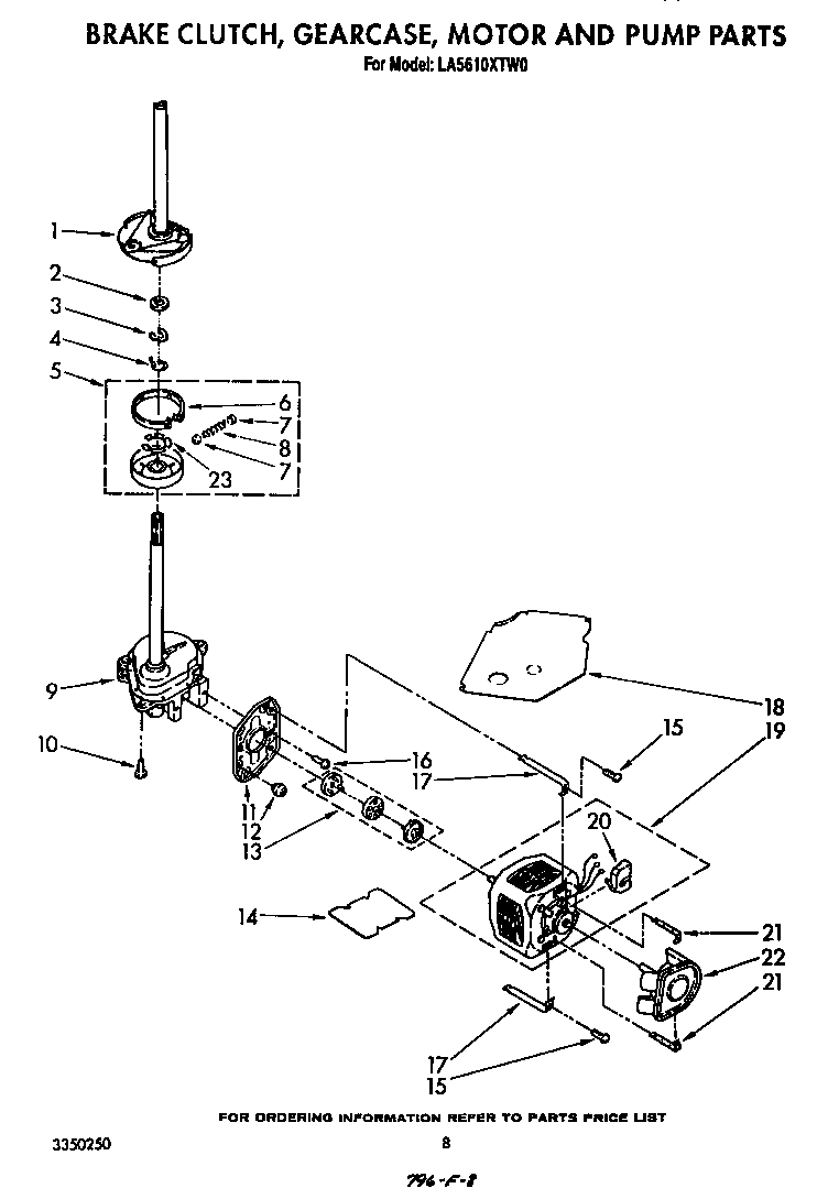 Whirlpool LA5610XTM0 brake, clutch, gearcase, motor, and pump diagram