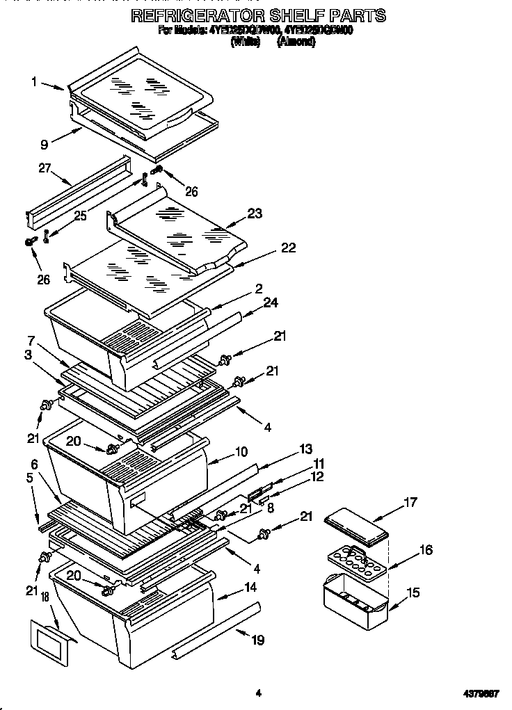 Whirlpool 4YED25DQDN00 refrigerator shelf diagram
