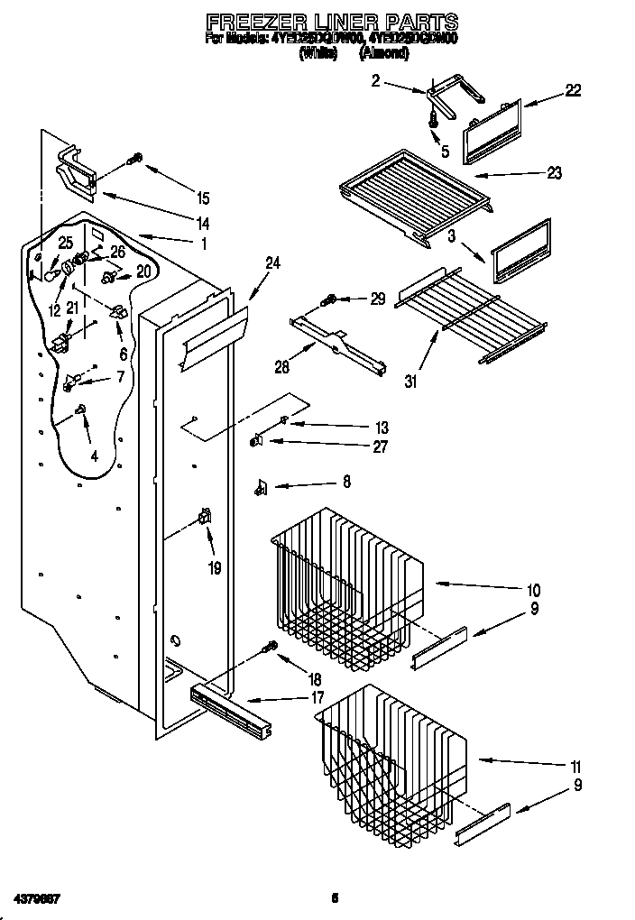 Whirlpool 4YED25DQDN00 freezer liner diagram