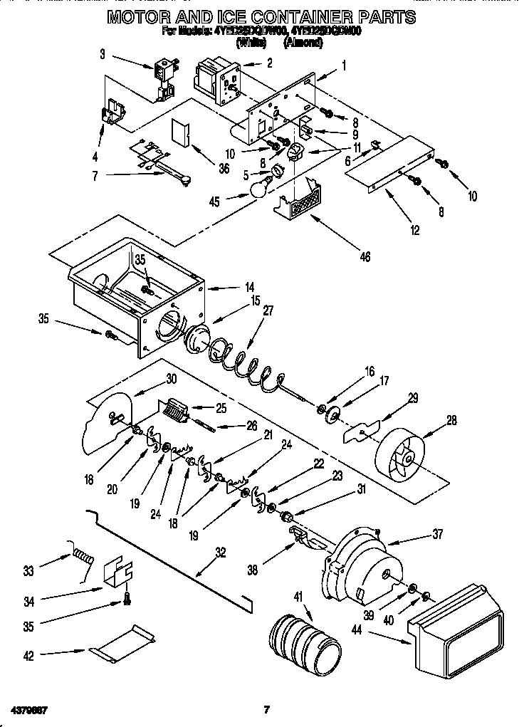 Whirlpool 4YED25DQDN00 motor and ice container diagram