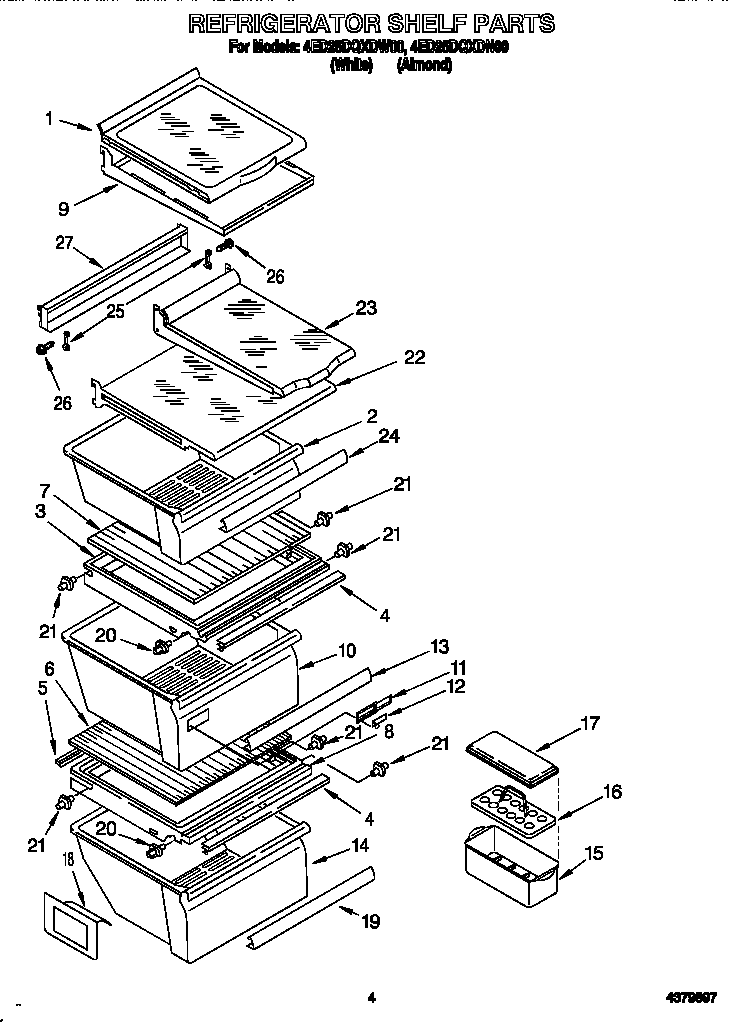 Whirlpool 4ED25DQXDN00 refrigerator shelf diagram