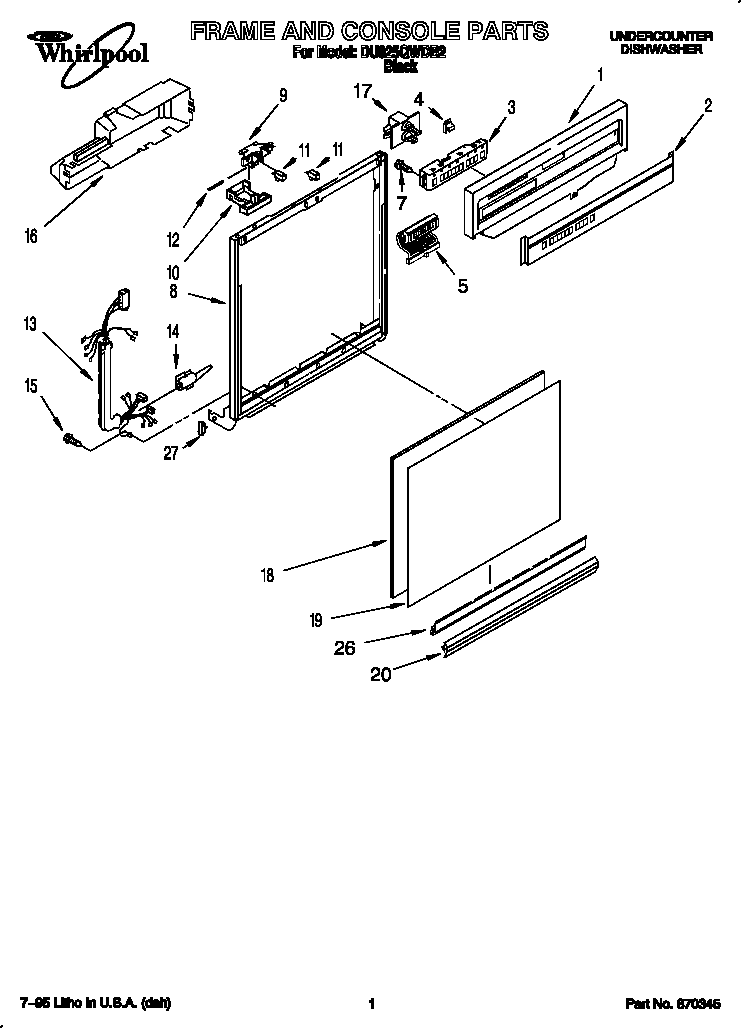 Whirlpool DU925QWDB2 frame and console diagram