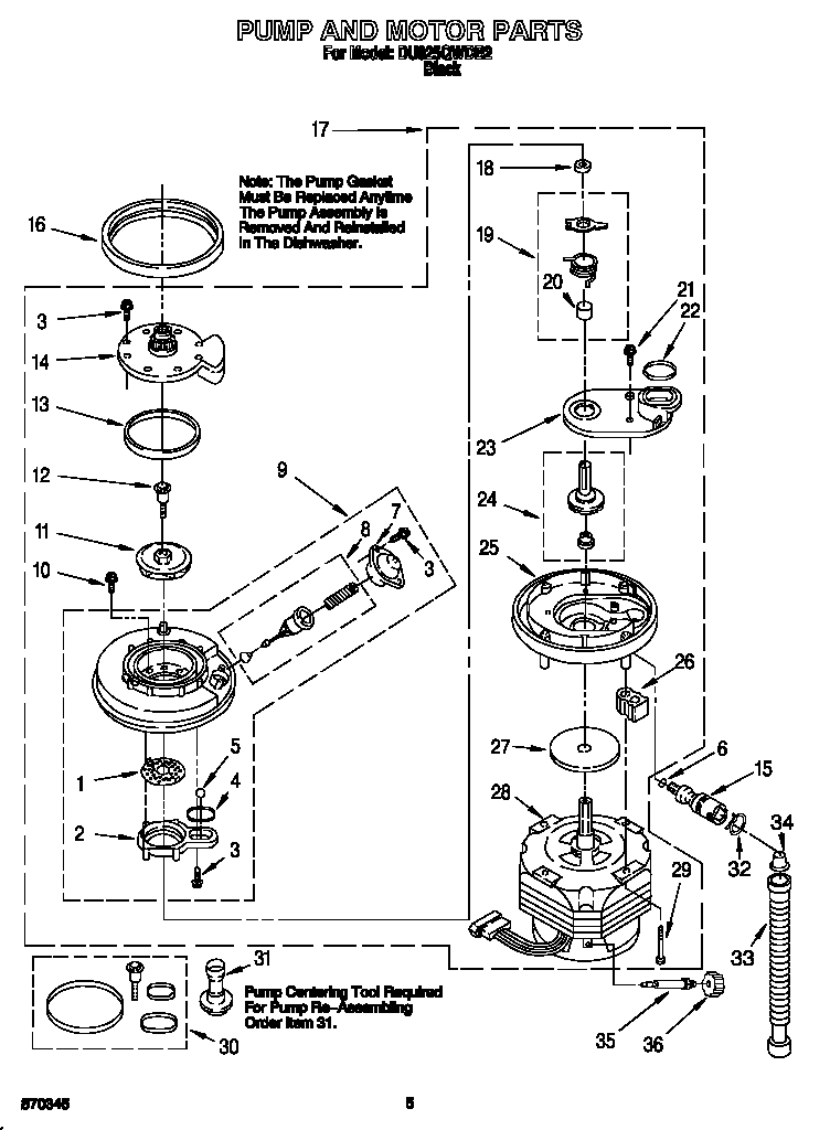 Whirlpool DU925QWDB2 pump and motor diagram