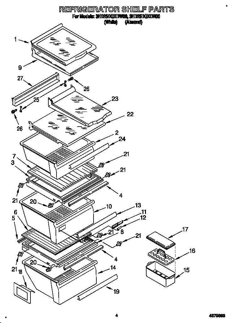 Whirlpool 3ED25DQXDW00 refrigerator shelf diagram