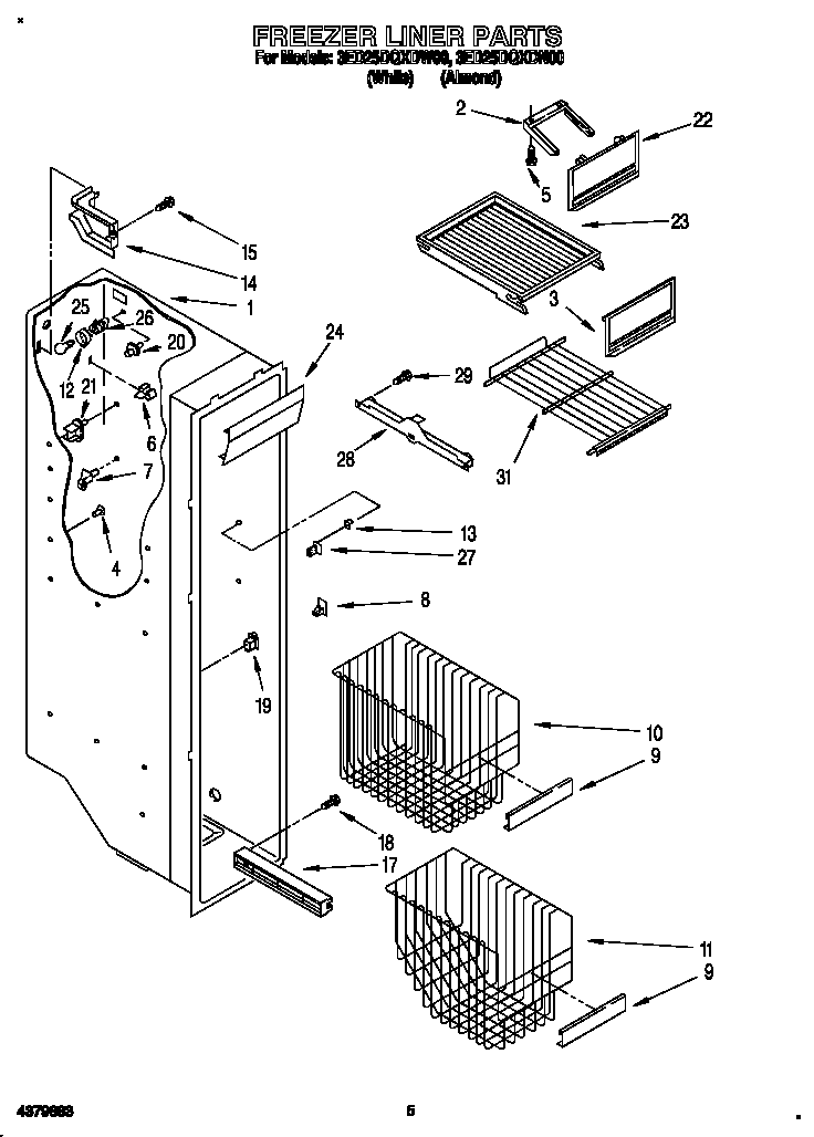 Whirlpool 3ED25DQXDW00 freezer liner diagram