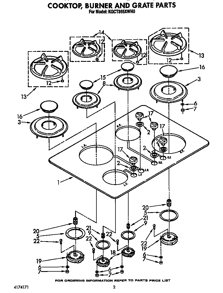 KitchenAid KGCT365XBL0 cooktop, burner and grate diagram