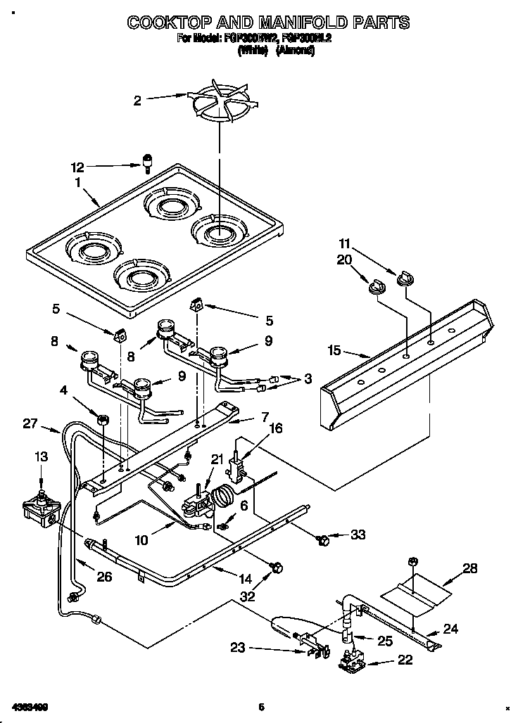 Roper FGP300BL2 cooktop and manifold diagram