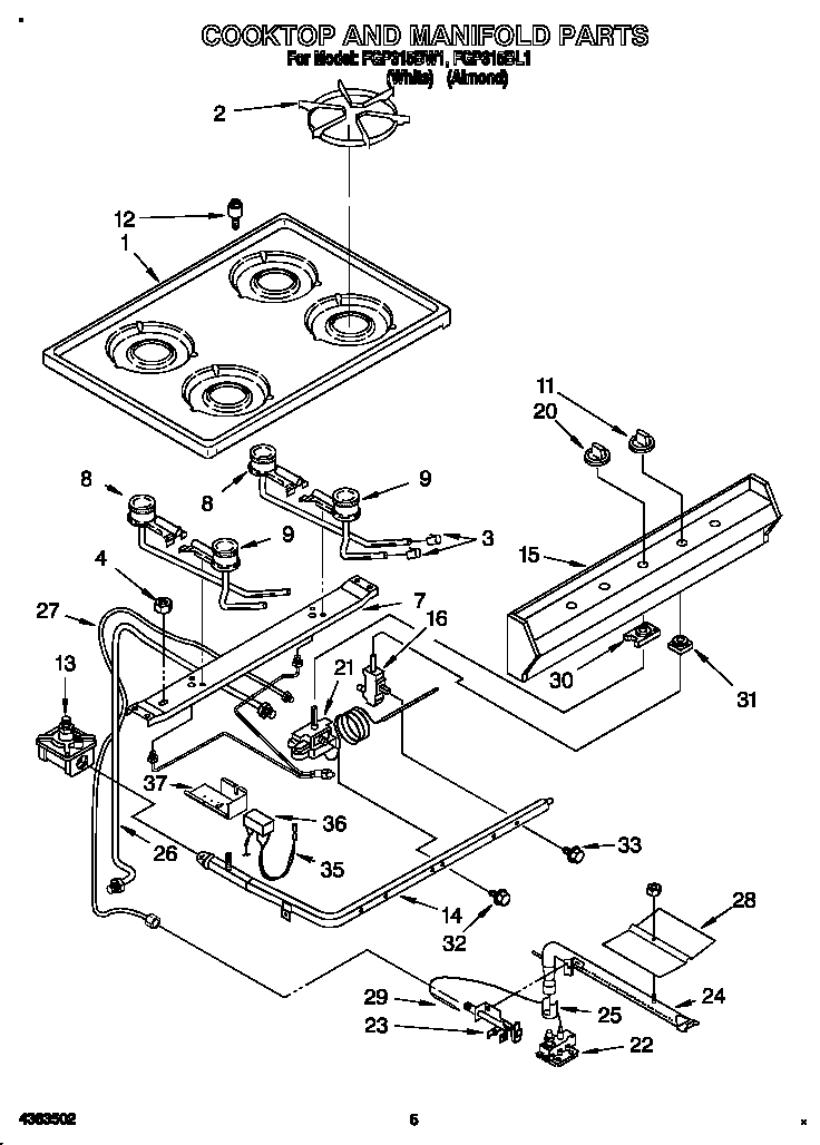 Roper FGP315BW1 cooktop and manifold diagram