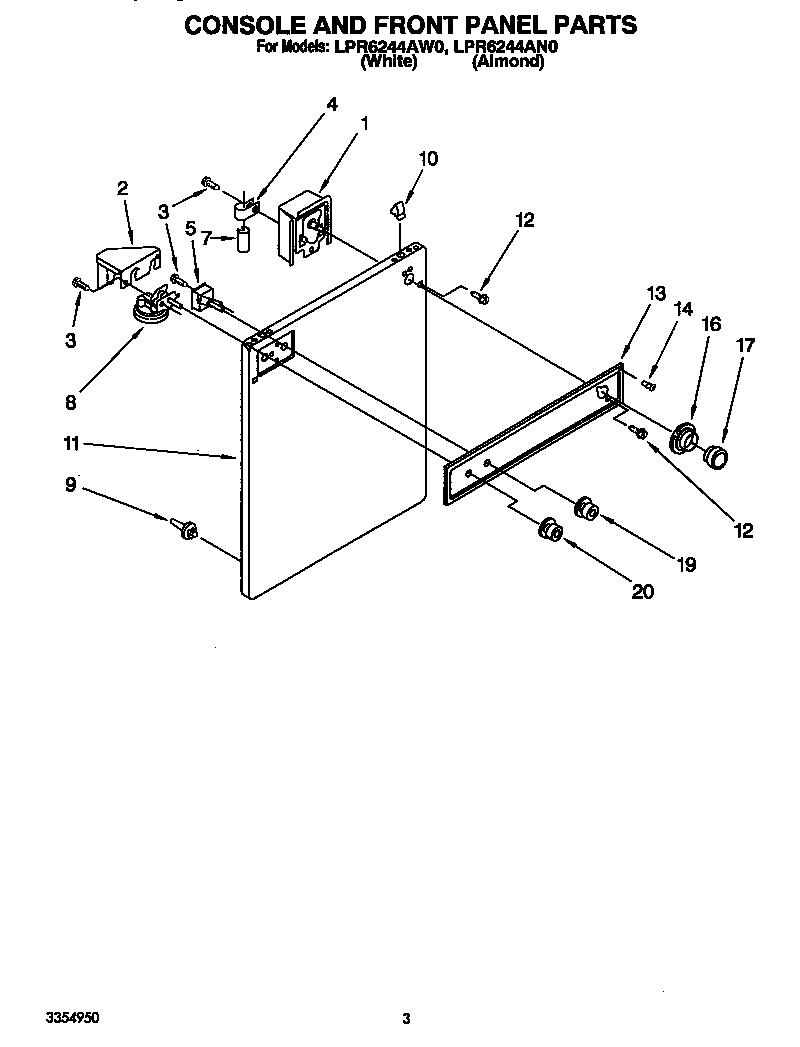 Whirlpool LPR6244AN0 console and front panel diagram