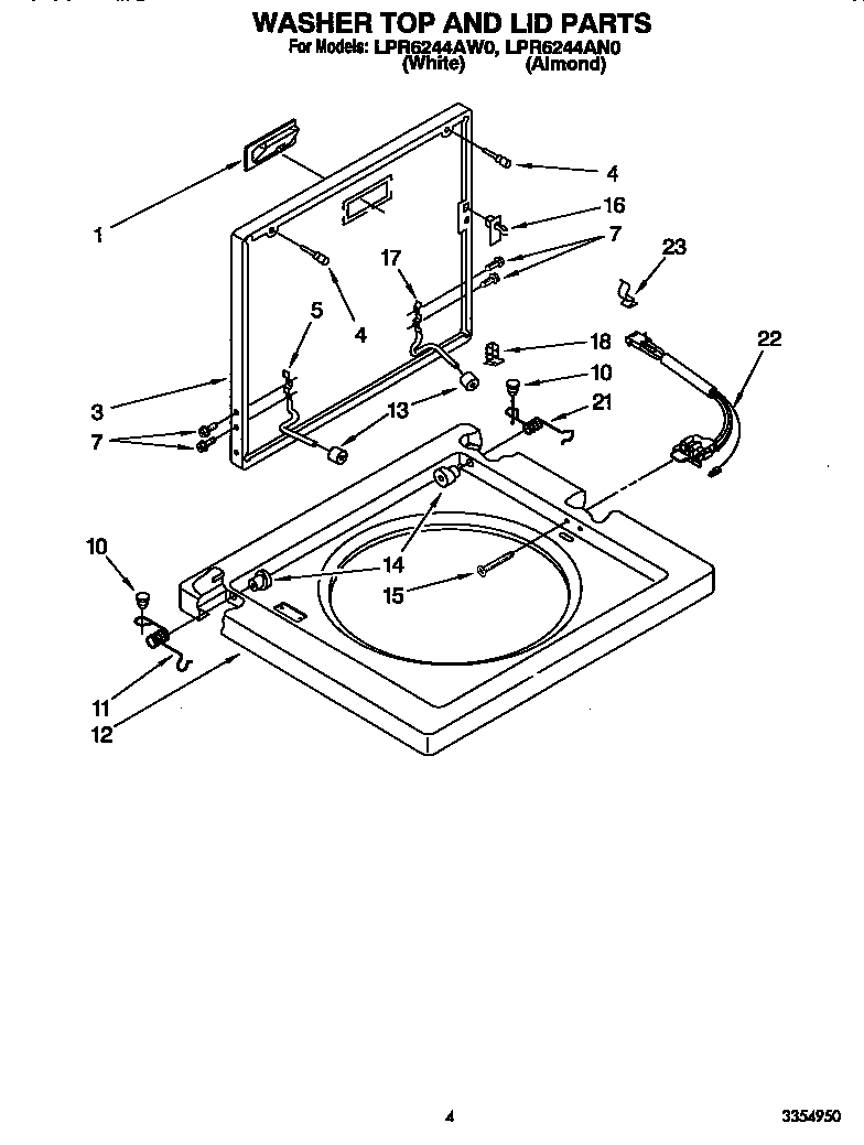 Whirlpool LPR6244AN0 washer top and lid diagram