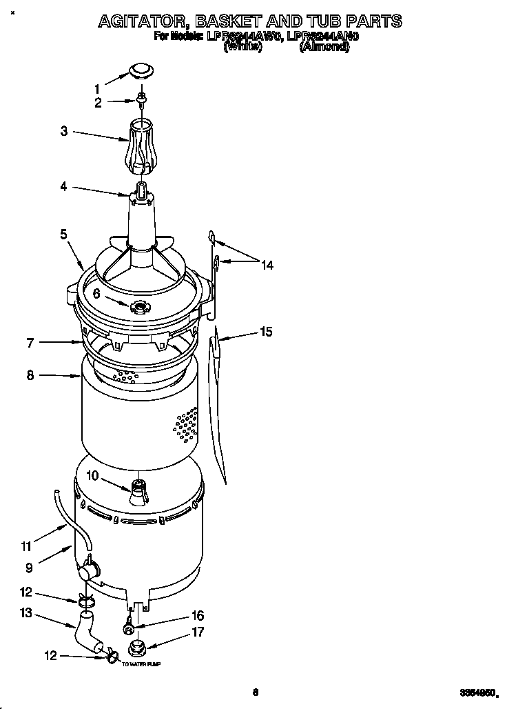 Whirlpool LPR6244AN0 agitator, basket and tub diagram