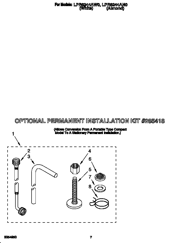 Whirlpool LPR6244AN0 optional permanent installation kit diagram