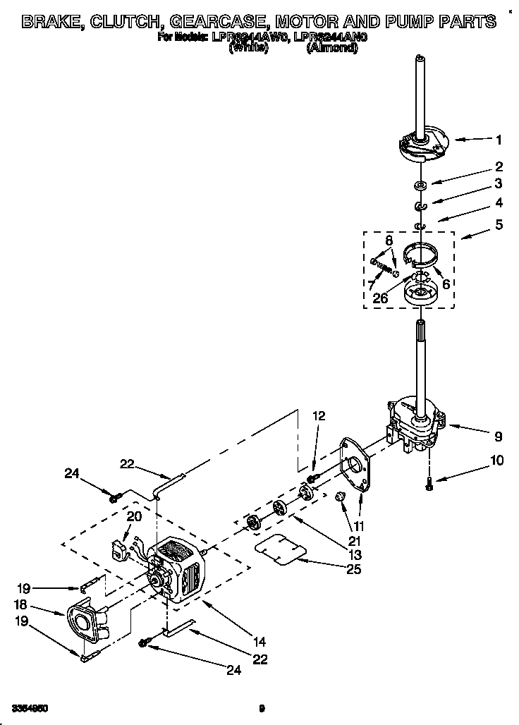 Whirlpool LPR6244AN0 brake, clutch, gearcase, motor and pump diagram