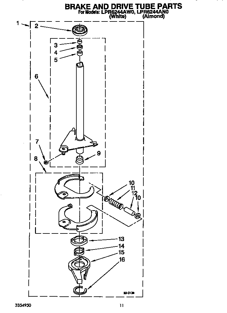 Whirlpool LPR6244AN0 brake and drive tube diagram