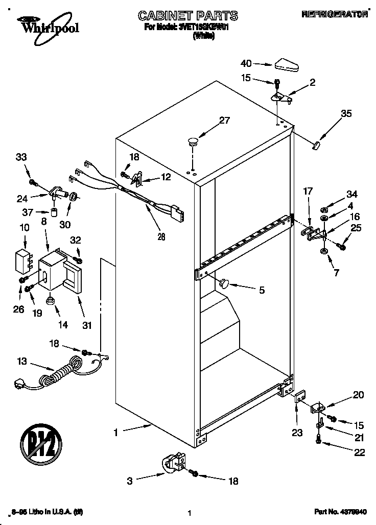 Whirlpool 3VET16GKBW01 cabinet diagram