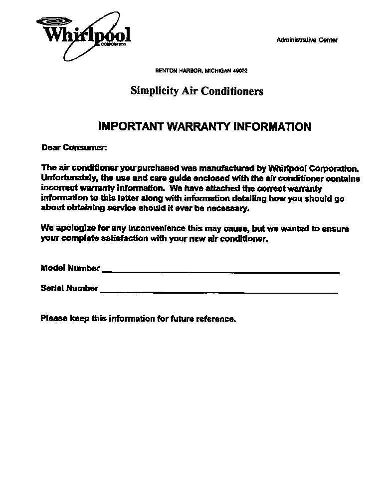 Whirlpool BJSSAC1000 important warranty information diagram