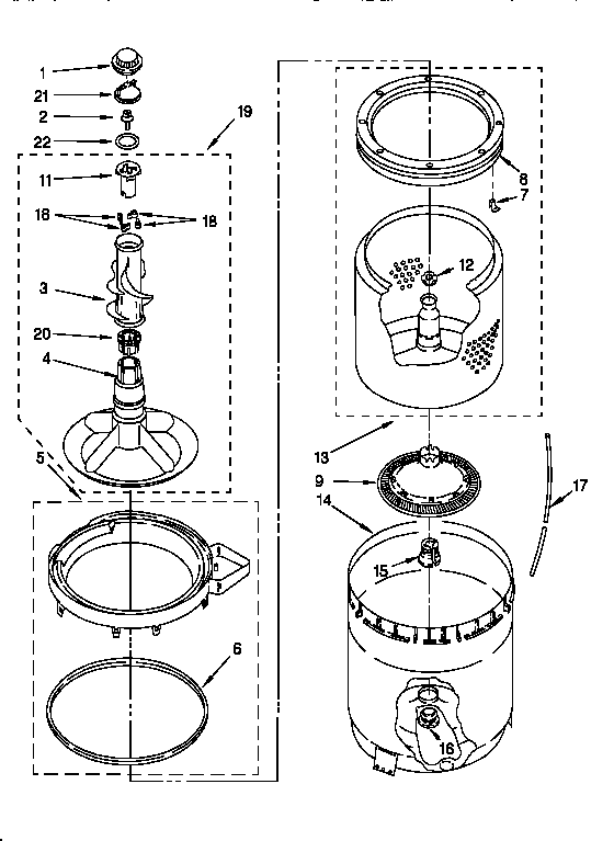 Whirlpool LBR5133AG1 agitator, basket and tub diagram