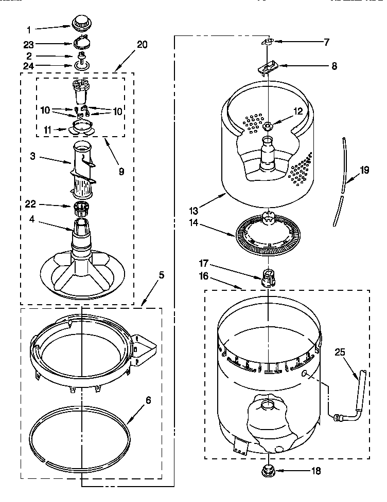 Whirlpool LSL9355DQ0 agitator, basket and tub diagram