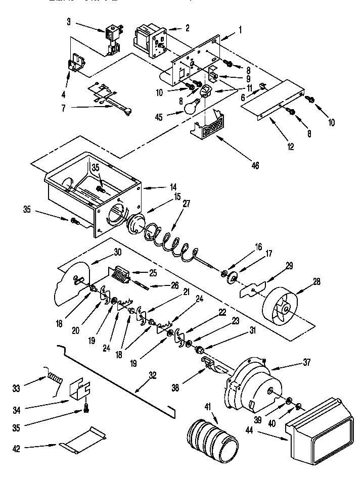 Whirlpool 8ED25DQXDW00 motor and ice container diagram