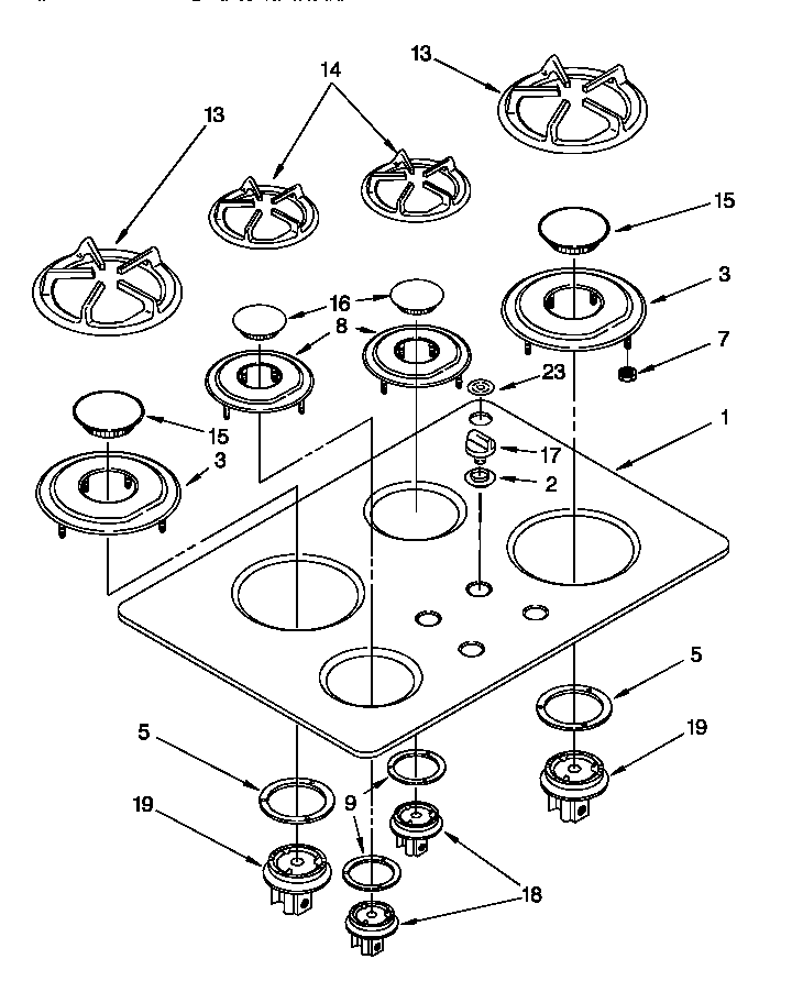 KitchenAid KDDT207BAL8 cooktop, burner and grate diagram